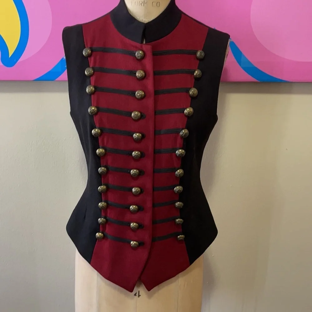 DKNY Red Black Wool Military Vest - Picture 2 of 11